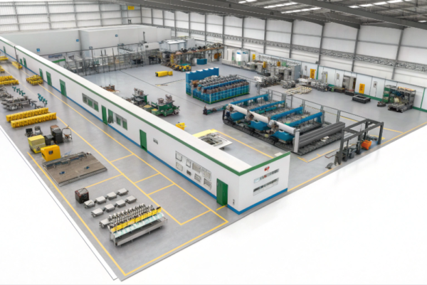 Prime factory interior with high-end metalworking machines, various assembly stations, automated lines, and a spotless, well-organized workspace for industrial parts manufacturing.