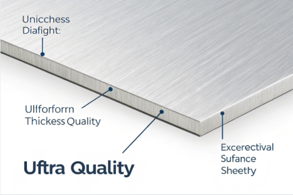 A close-up view of a precision sheet metal piece highlighting thickness uniformity, unique flatness, and smooth surface quality, with labeled points showing key quality features.