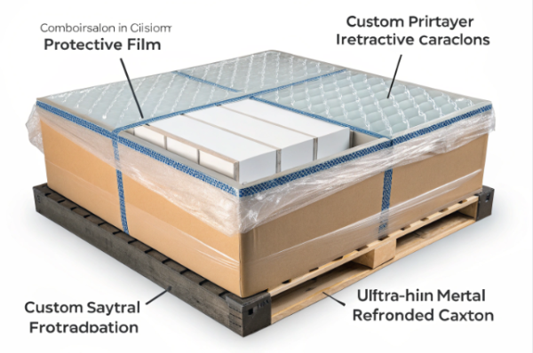 A detailed image of industrial packaging for thin metal parts, featuring protective film, layered separators, a reinforced carton, and custom pallet protection designed to prevent damage during transport.