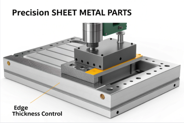 Precision stamping press processing sheet metal, highlighting advanced edge thickness control for manufacturing high-tolerance metal parts.