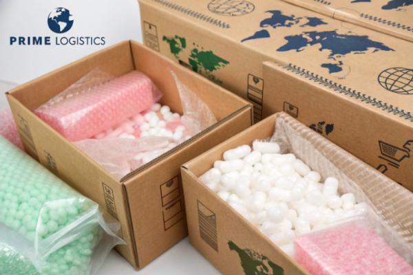 Prime Logistics export packaging for industrial parts, showing cartons lined with foam and bubble wrap to ensure safe international shipping.