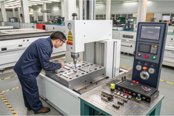 Engineer at Prime factory performing precision inspection and adjustment on a stamping mold using a computerized CNC machine.