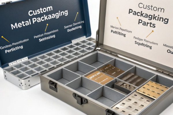 Custom metal packaging cases with separated compartments, safely storing different types of precision sheet metal and stamped parts for secure transport.