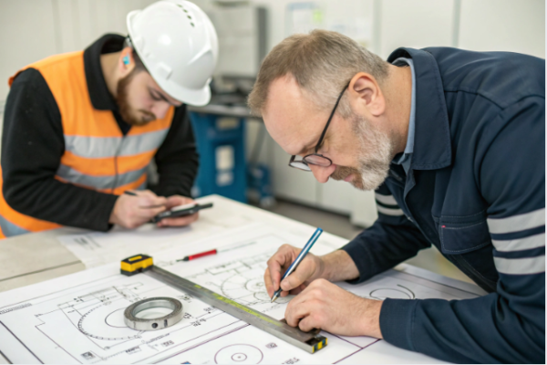 Engineers examining and measuring technical blueprints for custom metal parts, focusing on design accuracy and manufacturing specifications.