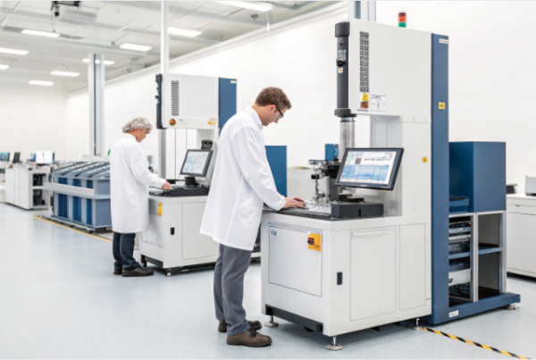 Quality control specialists using automated measurement equipment to inspect precision metal parts in a high-tech laboratory environment.