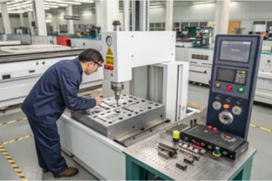 Close-up of a worker operating a precision CNC machine, adjusting a mold on the machine for high-precision manufacturing.