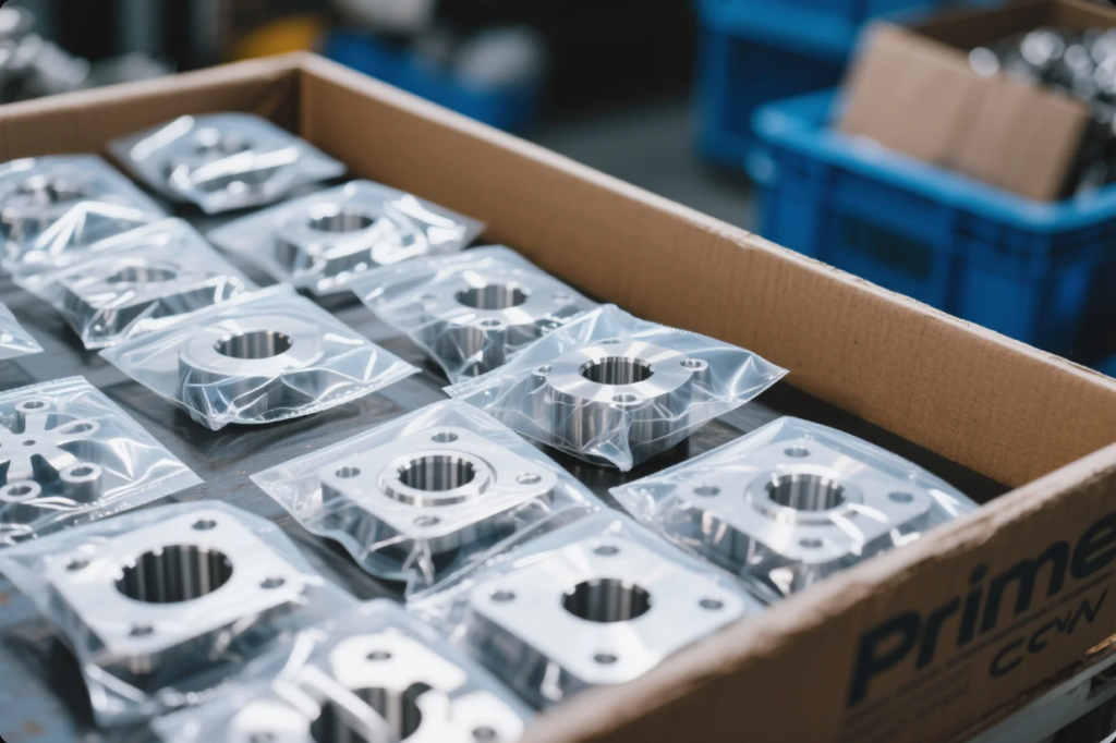 The image shows a cardboard box filled with high-precision machined metal components, each part individually sealed in a clear plastic bag for protection. The parts feature a circular central bore with evenly spaced bolt holes, indicating use in mechanical or industrial assemblies. The box is branded with the "Prime" logo, suggesting factory-direct packaging for export or delivery. In the background, blue plastic bins and additional boxes reinforce the organized logistics and high-volume production environment of the facility.