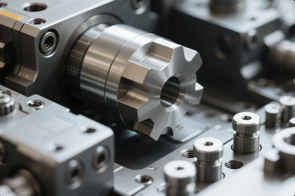 This close-up image captures a highly polished, precision-machined metal gear with symmetrical teeth and a central bore, securely mounted within a CNC machining fixture. Surrounding the gear are other metallic components and fasteners, all part of a tightly engineered assembly, highlighting the high-tolerance environment typical of advanced manufacturing or automated tooling systems. The image emphasizes industrial accuracy, surface finish quality, and the complexity of modern mechanical part production.