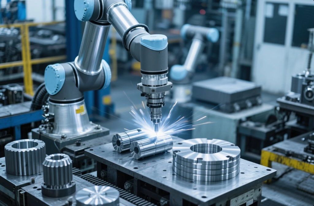 This image captures an advanced industrial robotic arm engaged in automated welding, producing bright sparks as it fuses cylindrical metal parts on a precision workbench. Surrounding the welding station are machined gear components and flanged rings, all positioned with high accuracy. The background shows additional robotic systems and CNC equipment, reflecting a modern smart factory environment focused on automation, precision, and high-efficiency metal fabrication.