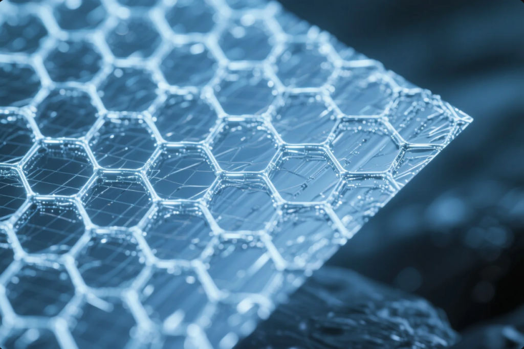 A highly detailed close-up image showing a hexagonal-patterned material that resembles a graphene lattice or nanotechnology structure. The surface is semi-transparent and features glowing edges, giving it a high-tech, futuristic look. Each hexagon appears to be connected with fine internal lines, suggesting advanced material science or digital simulation of molecular bonding, often seen in electronics, aerospace, or next-generation materials research.