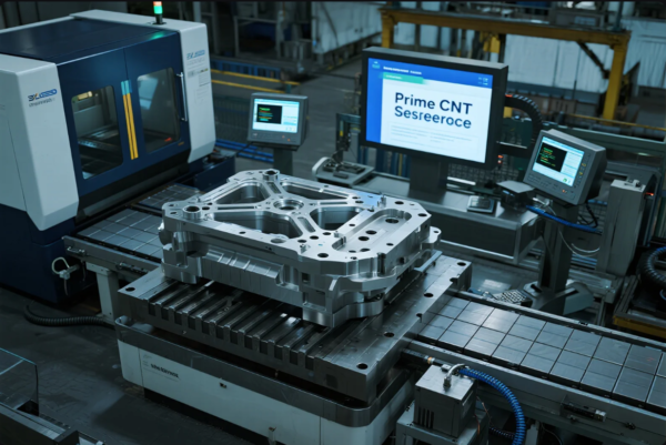 This image showcases a high-tech CNC machining center working on a large, intricately designed aluminum or steel part. The metal component is clamped securely on the machine bed, surrounded by automated controls and multiple monitors displaying machining data, including a large screen titled "Prime CNT Sesreeroce." The surrounding environment reflects an advanced, digitalized manufacturing facility, with a clean, well-lit industrial interior. The setup emphasizes precision engineering and automated production in modern industrial manufacturing.