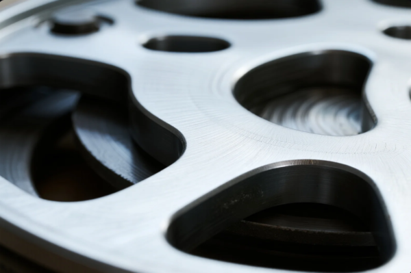 This image provides a detailed macro shot of a custom CNC-machined metal component, highlighting the smooth, contoured edges and precision-cut holes. The concentric tooling marks on the surface reflect high-accuracy machining, indicating tight tolerances and professional finishing. The component is likely used in automotive, aerospace, or industrial machinery applications, showcasing advanced manufacturing capabilities.