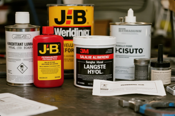 A close-up image of multiple industrial adhesive products arranged on a metal workbench. Brands such as J-B Weld, 3M, and other labeled containers are prominently featured, including tubes and cans of bonding agents, sealants, and epoxy materials. These products are commonly used in metalworking, mechanical repair, and precision manufacturing applications. Instruction sheets and tools lie nearby, emphasizing a work-in-progress environment.