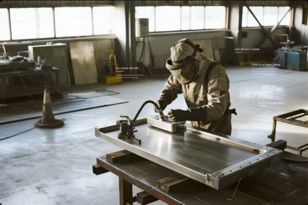 A factory technician, fully equipped with safety gear including a helmet, gloves, and protective suit, is working on a rectangular stainless steel frame using a handheld tool—possibly for welding, grinding, or polishing. The workshop is spacious and clean, with large windows letting in natural light. Various pieces of industrial equipment, safety cones, and metal sheets are visible in the background, emphasizing a professional and safety-conscious manufacturing environment.