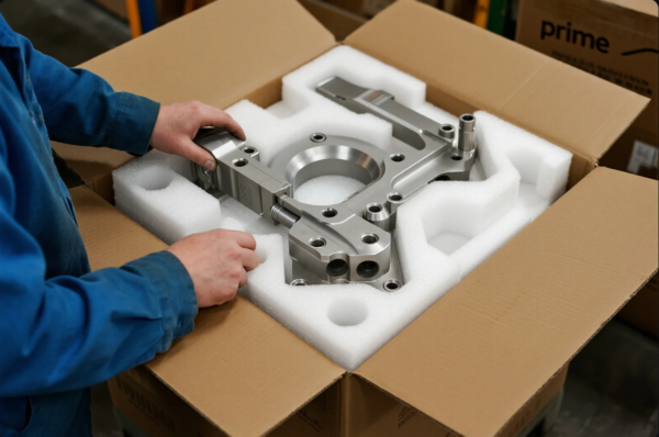 A close-up view of a technician in a blue uniform carefully packaging a high-precision CNC-machined metal component. The part is being securely placed into a protective white foam insert inside a corrugated cardboard box. The background includes more cardboard boxes labeled "prime," indicating the product is prepared for safe export. This image highlights the company's focus on careful handling and professional packaging to ensure product integrity during international shipment.