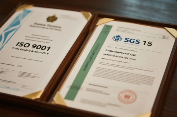 This image features two professionally framed certificates: one is an ISO 9001 certification labeled “Prime Quality Assurance,” and the other is an SGS certification with the number “15” prominently shown. The documents are neatly placed side-by-side in a wooden display folder with gold-corner clips, symbolizing international standards compliance and high-quality manufacturing processes. This visual reinforces Prime’s credibility and commitment to quality assurance in global industrial supply chains.