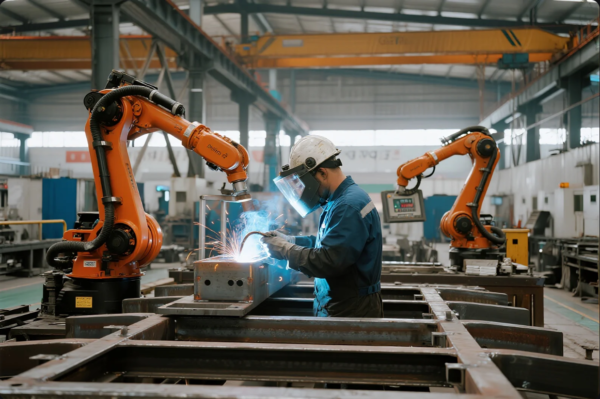 A technician wearing protective gear is welding a metal component in a modern factory, assisted by two large orange industrial robotic arms. Sparks fly as the welding process takes place under bright overhead lighting. The surrounding environment features heavy-duty machinery, steel structures, and overhead cranes, illustrating an advanced automated manufacturing setup.