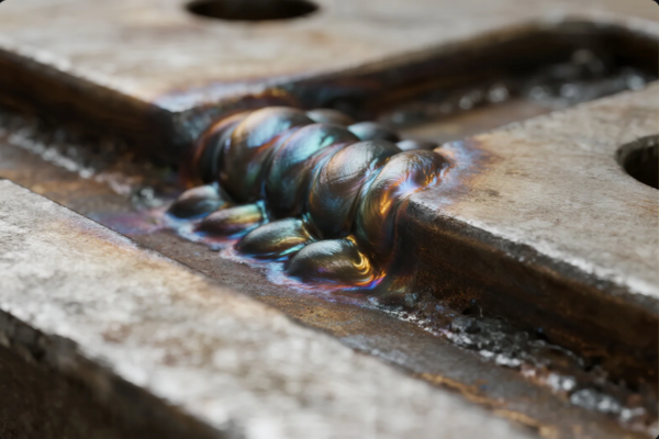 A detailed macro shot showcasing a clean, uniform TIG (Tungsten Inert Gas) welding bead on a thick steel plate. The weld displays a smooth, overlapping pattern with distinct heat tint colors like blue, gold, and purple, indicating proper temperature control and excellent craftsmanship in metal joining.