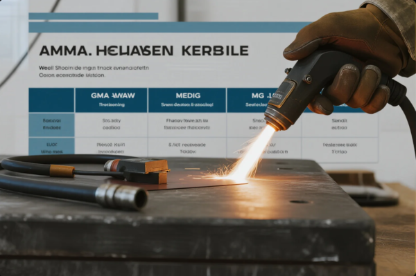 This image features a close-up of a gloved operator using a plasma cutting torch on a thick metal plate, generating a vivid burst of sparks. The background displays a welding process comparison chart with columns labeled for different welding methods such as GMAW and MIG, although the chart’s text is not clearly legible. A welding cable is visible on the left side of the worktable, and the overall scene highlights the precision, efficiency, and professional environment of a modern metalworking facility.
