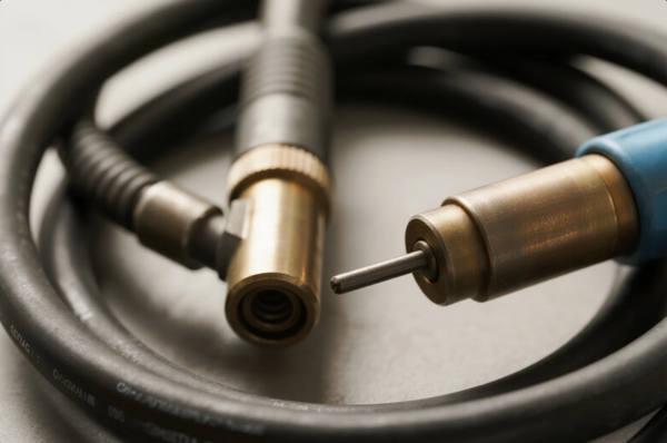 This image provides a detailed close-up of a MIG welding torch and its connecting cable. The focus is on the brass nozzle and the protruding welding wire at the torch tip, while the black cable is coiled around, indicating readiness for welding operations. The scene highlights the precision components and sturdy construction of industrial welding equipment, commonly used in metal fabrication and manufacturing environments.