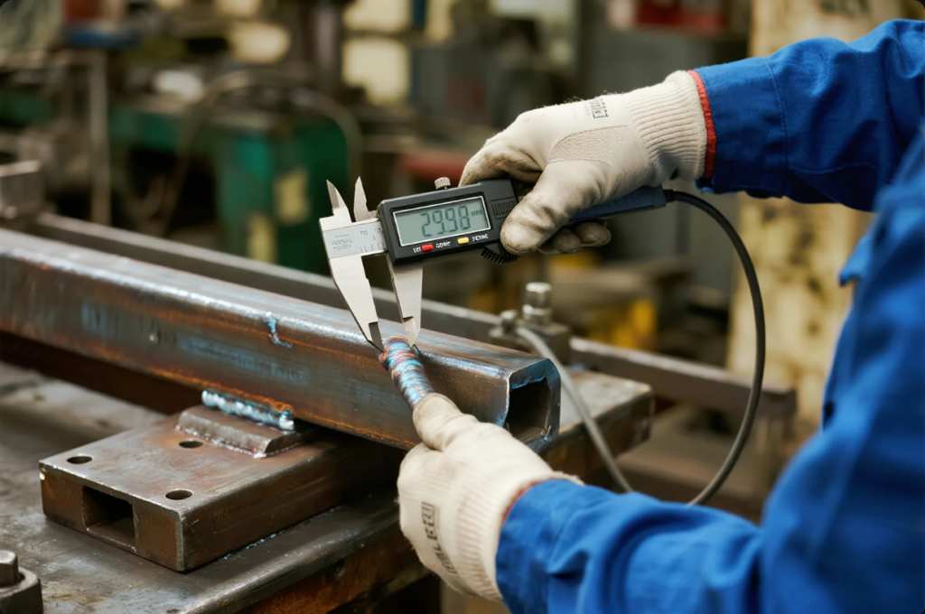 This image shows a close-up of a worker in a blue uniform and protective gloves using a digital caliper to precisely measure the width of a weld bead on a rectangular steel tube. The digital display on the caliper reads “29.98 mm.” The steel part is placed on a workbench, and the workshop environment is visible in the background, indicating a focus on quality control and precision measurement in metal fabrication processes.