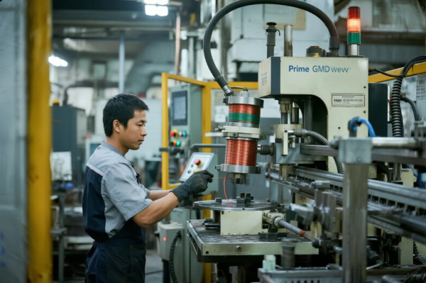 This image shows a male worker in a uniform and gloves operating an advanced automated winding machine in a manufacturing plant. The machine, labeled “Prime GMD,” is equipped with large copper wire coils, which are being precisely wound for production. The background reveals a busy, well-lit workshop filled with industrial equipment and control panels, highlighting a professional and efficient production environment focused on electrical or electronic component manufacturing.