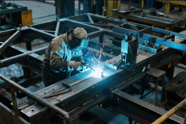 This image captures a welder wearing a full protective helmet and work uniform, actively welding a large steel structure in a factory setting. Bright blue welding arcs and flying sparks clearly indicate the intensity of the metalworking process. The surrounding area is filled with heavy-duty steel frames and machinery, highlighting the robust, hands-on environment of an industrial fabrication workshop focused on large-scale metal assembly.