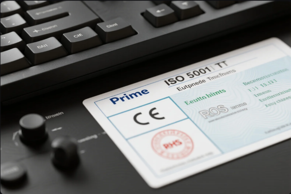This image features a detailed view of a product certification label placed on a black electronic device, with part of a computer keyboard visible in the background. The label prominently shows the brand name “Prime,” ISO 5001 certification, CE marking, and other regulatory compliance logos, emphasizing the product’s adherence to international quality and safety standards. The focus on the certification marks highlights the importance of quality assurance and global market readiness.