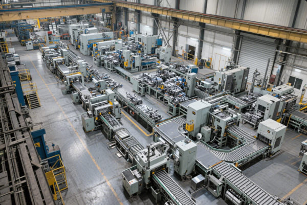 This image shows an expansive factory floor equipped with advanced manufacturing equipment and automated conveyor systems. The facility is clean and organized, with several high-tech machines and production lines set up for industrial-scale processing or assembly. Overhead cranes and safety barriers are visible, emphasizing a focus on efficiency, automation, and workplace safety. The setting conveys an impression of a state-of-the-art factory capable of high-volume and precision manufacturing.