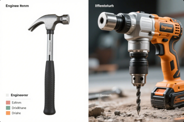 The image is divided into two sections. On the left, there is a metallic claw hammer with a black textured handle and the partially visible label "Enginee Kmm" above it. Below the hammer is a simple legend with the bold word "Enginesorer" and some color-coded text that is unclear. On the right, there is a close-up of an orange and black cordless electric drill with the brand name "Engineer" printed on its side. The background behind the drill is out of focus, with some dirt and blurred objects in the foreground. The drill section also has some small, hard-to-read text near the bottom. This comparison highlights two essential engineering or construction tools: the hammer and the drill.
