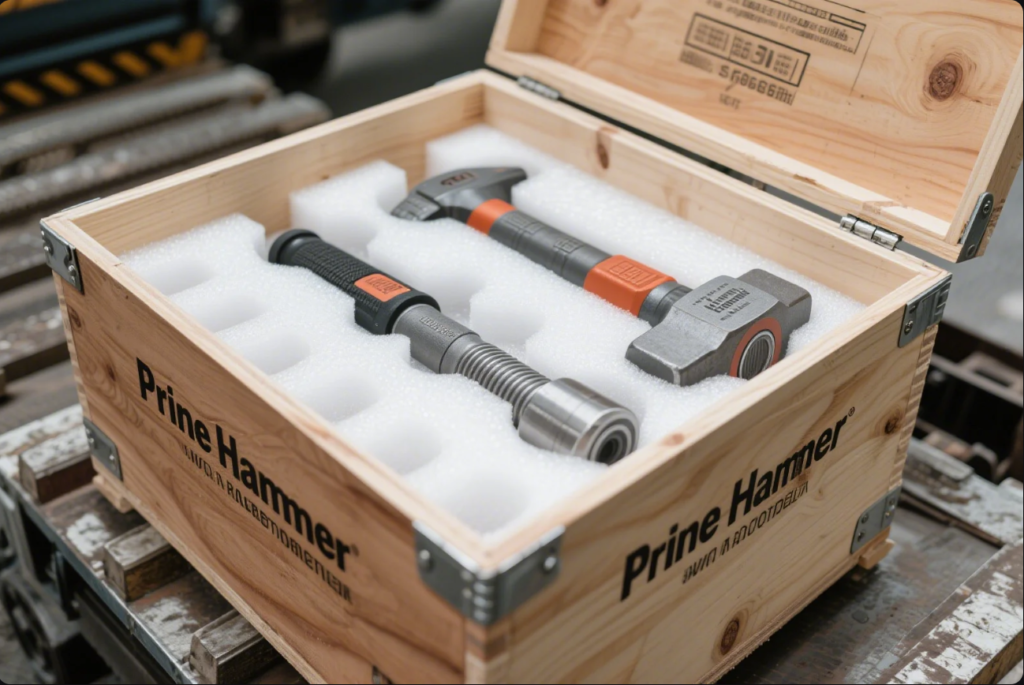 The image shows an open wooden crate with the words "Prine Hammer" printed on the side. Inside the crate, two precision metal hammers are carefully nestled in custom-cut white foam for protection. The hammers feature sturdy black and orange grips and robust metal heads, one being a sledgehammer style and the other a claw hammer. The crate is placed on a pallet in what appears to be an industrial or manufacturing environment, highlighting secure packaging for tool shipment or storage.