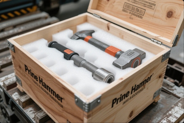 The image shows an open wooden crate with the words "Prine Hammer" printed on the side. Inside the crate, two precision metal hammers are carefully nestled in custom-cut white foam for protection. The hammers feature sturdy black and orange grips and robust metal heads, one being a sledgehammer style and the other a claw hammer. The crate is placed on a pallet in what appears to be an industrial or manufacturing environment, highlighting secure packaging for tool shipment or storage.