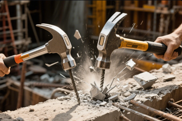 The image shows two hands each wielding a heavy-duty claw hammer, both striking a piece of reinforced concrete at the same time. The forceful impact sends shards and dust into the air, capturing the intensity and power of the action. Both hammers have robust metal heads and ergonomic handles—one orange, one yellow—emphasizing durability and comfort. The background reveals construction scaffolding and rebar, situating the scene in an active worksite.