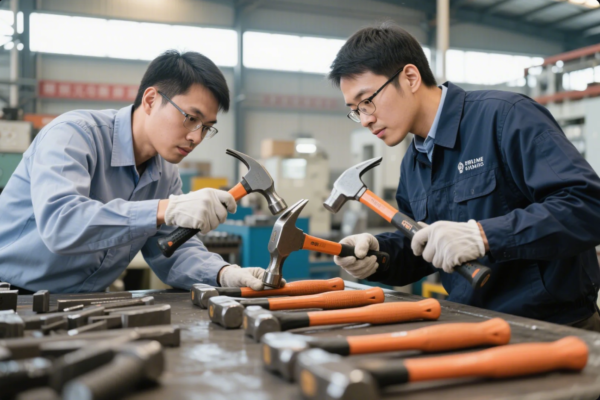 This image features two male engineers wearing safety glasses, gloves, and work uniforms, engaged in a hands-on inspection and quality check of claw hammers. Both are intently examining and testing the hammers, which have metallic heads and ergonomic orange-and-black handles. The workbench in front of them is covered with additional hammers and heavy-duty tools, indicating a production or quality control environment. The background shows industrial equipment, giving context to a manufacturing or engineering workshop setting.