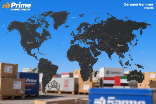 This image showcases a global export theme, with a large, dark world map in the center of the frame, highlighting continents and country borders. The map is overlaid on a logistics yard filled with various shipping crates and containers. Prominent on the crates is the "Prime Hammer Export" branding, suggesting international trade. The sky is clear and blue, conveying a professional and reliable export operation. In the upper left corner, the "Prime Hammer Export" logo is visible, while the upper right displays the text "Geramer Gammer expors." The scene emphasizes worldwide distribution and logistics capabilities.