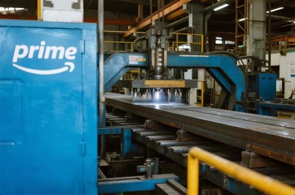 The image shows a high-tech plasma cutting machine in action at a Prime factory. The blue industrial equipment with a prominent "prime" logo is operating in a spacious workshop, precisely cutting large steel beams with multiple plasma torches. The environment is clean and organized, highlighting Prime’s advanced metalworking technology and efficient production processes.