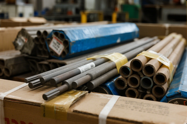 The image displays several bundles of steel rods and hollow metal pipes, securely taped and stacked on top of large cardboard boxes in an industrial warehouse setting. The rods have product labels, and the background reveals a busy factory environment, indicating these raw materials are prepared for production processes.