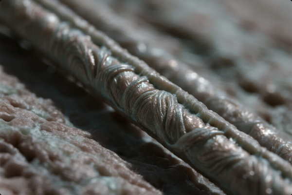 The image shows a macro shot of precisely applied metal welding beads. The welds display a uniform, consistent pattern, highlighting expert welding technique and a smooth finish on the metallic surface, reflecting a focus on quality and craftsmanship in metal fabrication.