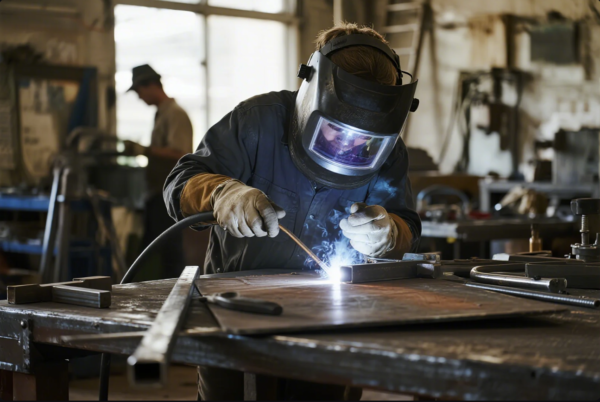 The image shows a worker wearing a welding helmet and gloves, focused on arc welding a metal component on a workbench. Bright sparks and a concentrated beam of light are visible at the point of contact, highlighting the welding process in a busy workshop environment, with another worker and various equipment in the background.