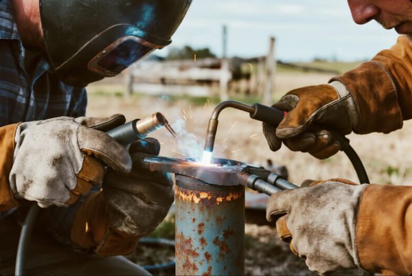 The image shows two workers, both wearing heavy-duty gloves and protective helmets, collaborating on a metalwork project outdoors. One is performing arc welding while the other is using a torch for brazing on a rusted metal pipe. Sparks and a bright flame highlight the intense and skilled manual operation, set against a blurred natural background.