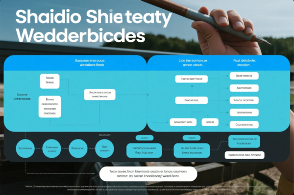 This image displays a close-up of a hand holding a pen, with an overlaid infographic that includes a flowchart and several blue, rounded boxes. The main infographic headings and text appear to be in placeholder or scrambled text, arranged in columns with arrows connecting various steps. The overall theme is professional and educational, suggesting the chart may be used for presenting process flows or organizational structures in a presentation or web design mockup.