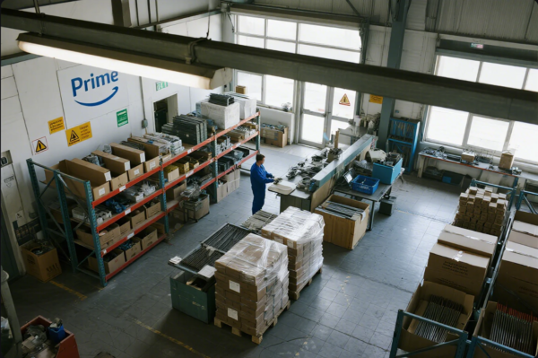 This image shows an aerial view of a spacious factory or warehouse interior. The walls feature safety signs and a prominent "Prime" brand logo. Organized metal shelving units are stocked with various boxes and industrial parts, while several large pallets of packaged goods are stacked in the center. A worker in a blue uniform is operating at a workbench near the windows, highlighting a clean, orderly manufacturing or logistics environment.