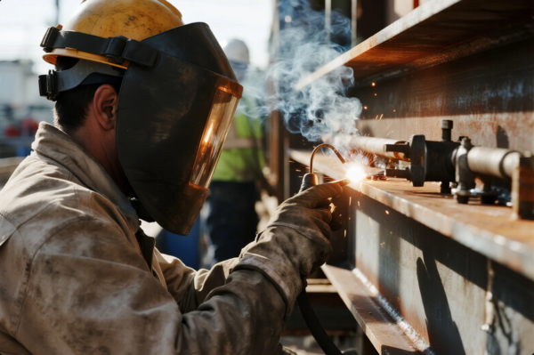 This image depicts a welder wearing a yellow safety helmet and a black welding mask, intensely focused on welding a large metal beam or structural component. Sparks and smoke are emitted from the welding torch, indicating active welding work. The worker is dressed in a protective, slightly dirty uniform and gloves, operating in an industrial or construction environment. The background features another worker and out-of-focus industrial equipment, emphasizing a professional and safety-conscious metal fabrication process.