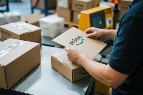 This image shows a close-up of a person preparing a shipping package in a logistics or warehouse environment. The focus is on the hands holding a cardboard insert with the "prime" logo, about to place it into a taped brown shipping box. The background contains other sealed boxes, packaging equipment, and blurred warehouse shelves, highlighting an organized and professional packaging and shipping process.