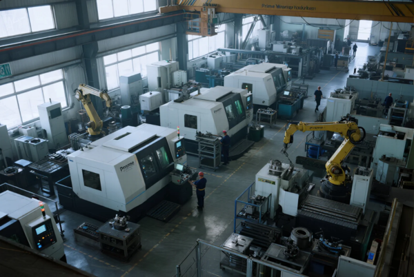 This image showcases a spacious, state-of-the-art CNC machining factory floor. Several large, white CNC machines branded "Prime" are aligned in rows, each attended by a technician. The facility includes multiple yellow robotic arms for automated material handling, contributing to high efficiency and precision in manufacturing. The environment is clean and organized, reflecting advanced production capabilities and automation in a high-volume metal parts manufacturing plant.