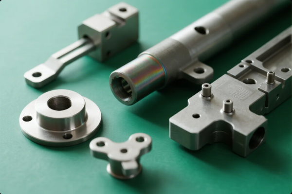 This image displays various high-precision CNC machined metal components neatly arranged on a green surface. The parts include a machined flange, cylindrical shaft with threaded interior, and custom-engineered metal blocks with holes and threaded studs. The clean finish and intricate details highlight advanced manufacturing processes and tight tolerances, suitable for industrial machinery and engineering applications.