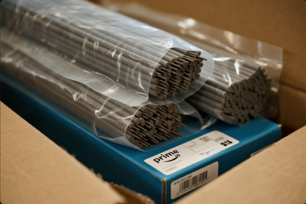 This image displays several bundles of welding rods neatly packaged in transparent plastic bags, all stacked inside a cardboard shipping box. The rods are organized and labeled, sitting on a blue box with a visible "Prime" logo and product information label. This setup suggests careful handling and quality assurance in the packaging of industrial welding consumables for distribution.