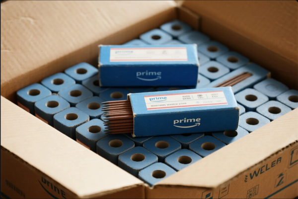 The image shows several blue boxes labeled with the "prime" logo, containing welding electrodes, organized inside a larger cardboard shipping box. The electrode boxes are neatly stacked, with one box partially open to display the bundled welding rods inside. The overall scene highlights organized packaging and the professional presentation of industrial welding consumables ready for distribution or export.