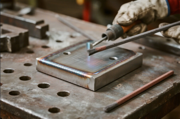 A close-up of a gloved worker using a welding electrode on a thick rectangular metal plate. The plate rests on a perforated workbench and has visible, colorful weld seams along the edges. Several unused electrodes are also visible on the table, highlighting an industrial welding environment focused on precision and quality in metal fabrication.