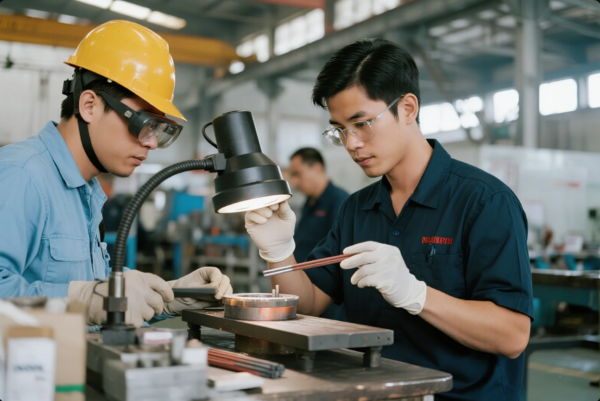 In a well-lit industrial workshop, two male workers wearing protective eyewear and gloves focus on inspecting and preparing welding electrodes. One wears a yellow safety helmet and goggles, while the other adjusts a lamp for better visibility as he examines an electrode. The workspace is organized with tools and welding rods visible on the table, reflecting a commitment to quality control and safety in the metal fabrication process.